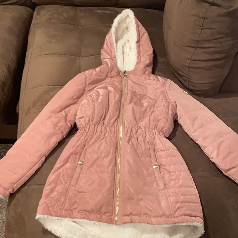 DKNY Dust Rose Girls' Puffer Anorak W/Faux Fur Revr